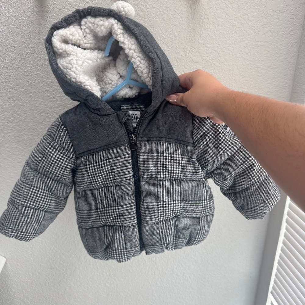 Baby Gap Gray Plaid Sherpa Lined Puffer Jacket Bear Ears Hood 12-18 Months
